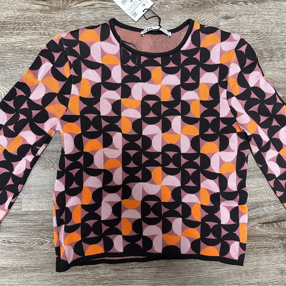 NWT Zara Geometric Jacquard Knit Sweater - Black Orange Pink - Picture 6 of 9